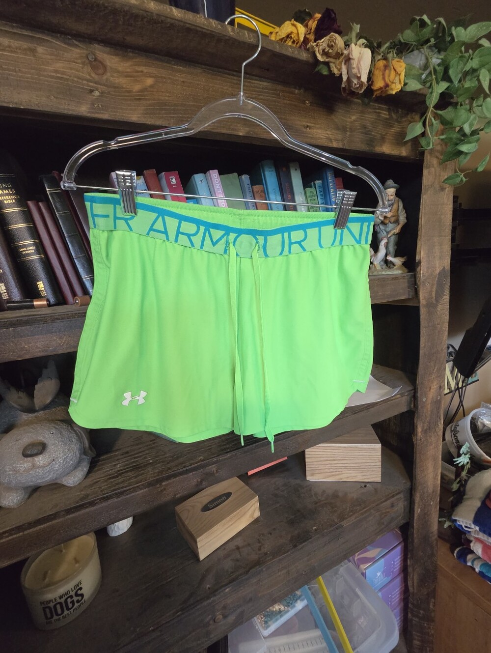 Under Armour Women's Bright Neon Green Athletic Shorts with Blue Waistband